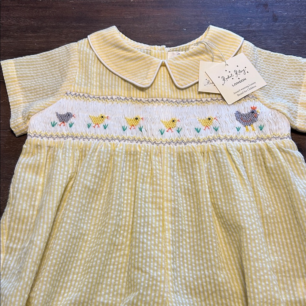 New with Tags Smocked Chickens Yellow Seersucker One-Piece Romper